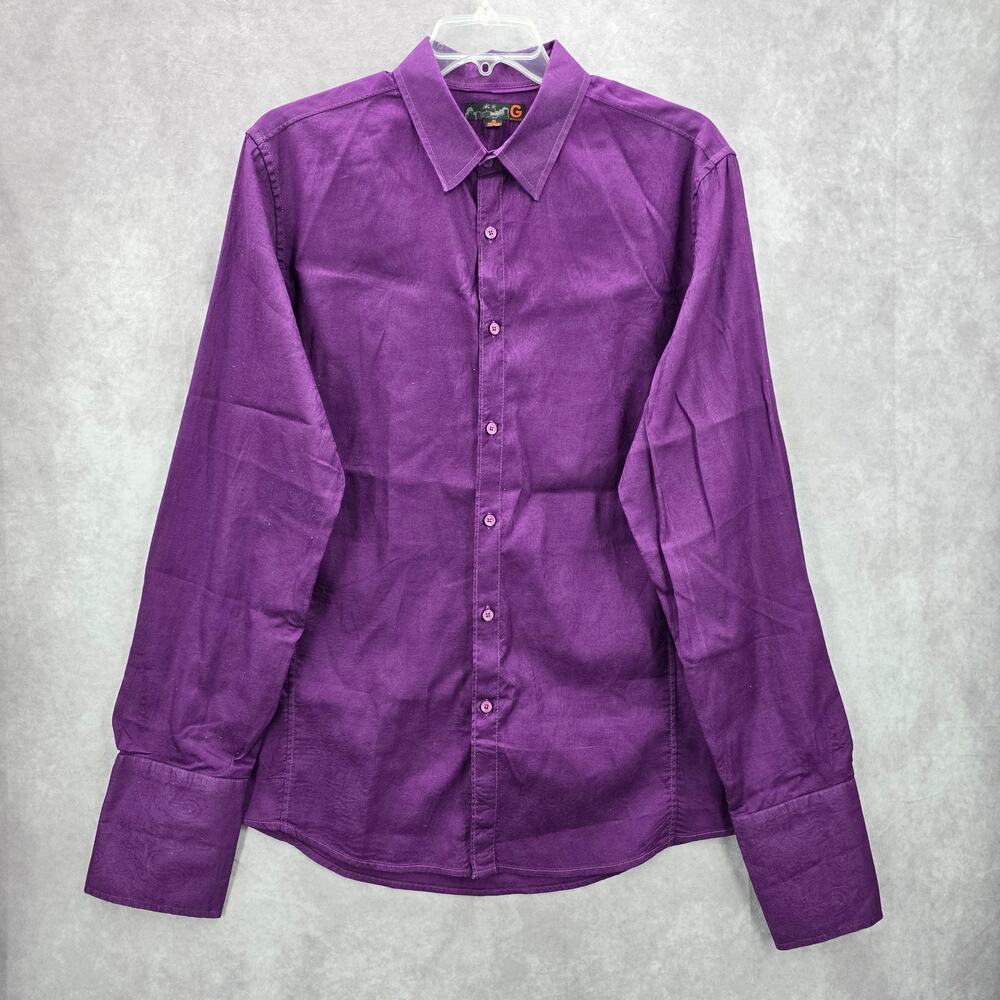 G By Guess Purple Paisley Button Down Long Sleeve Cotton Cuff Dress Shirt XL
